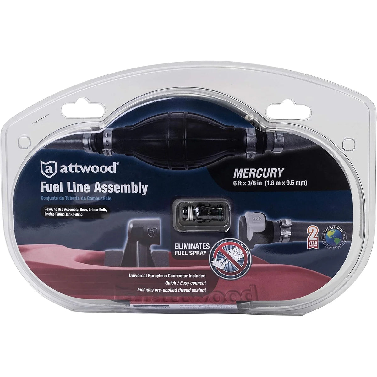 Attwood Marine Mercury Fuel Line Kit, 3/8 in x 6 ft, Universal Sprayless Connector
