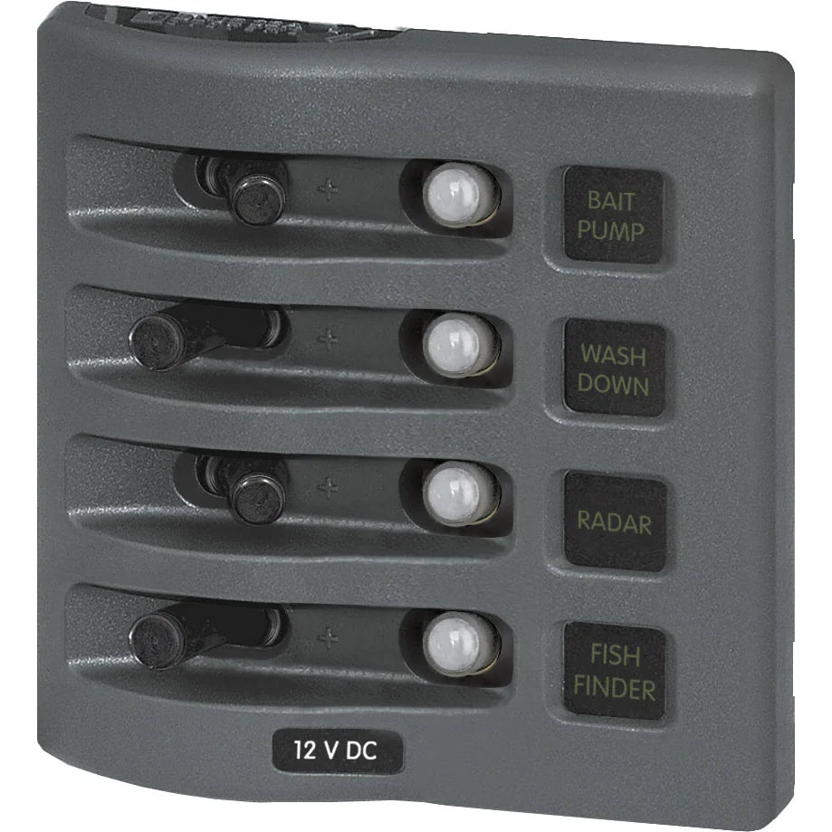 Blue Sea Systems WeatherDeck Waterproof Circuit Breaker Panel, 12/24V DC, IP67, 15A Per Circuit, Green LED Backlit Labels, Gray Panel