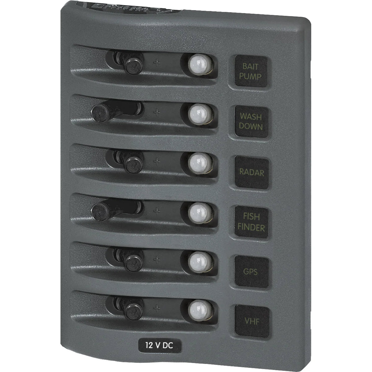 Blue Sea Systems WeatherDeck Waterproof Circuit Breaker Panel, 12/24V DC, IP67, 15A Per Circuit, Green LED Backlit Labels, Gray Panel