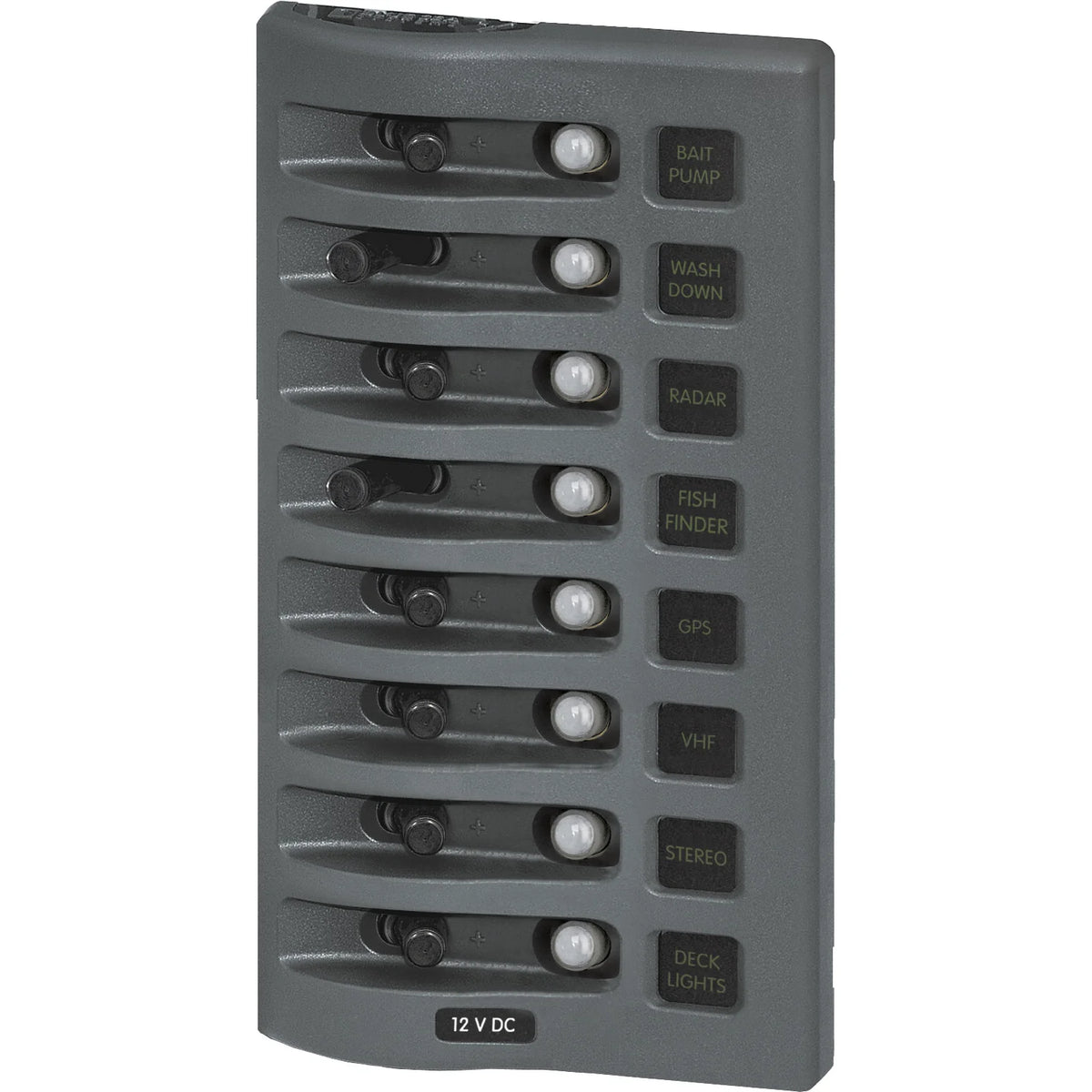 Blue Sea Systems WeatherDeck Waterproof Circuit Breaker Panel, 12/24V DC, IP67, 15A Per Circuit, Green LED Backlit Labels, Gray Panel