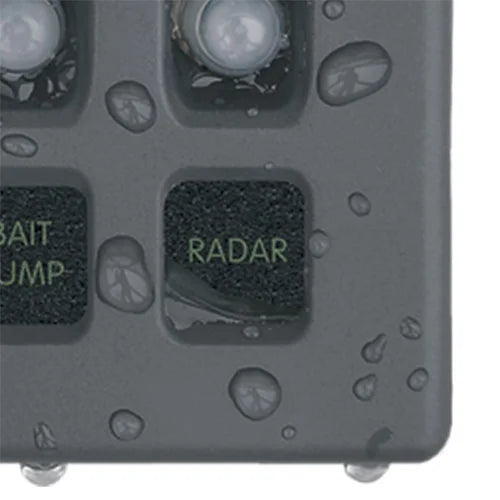 Blue Sea Systems WeatherDeck Waterproof Circuit Breaker Panel, 12/24V DC, IP67, 15A Per Circuit, Green LED Backlit Labels, Gray Panel