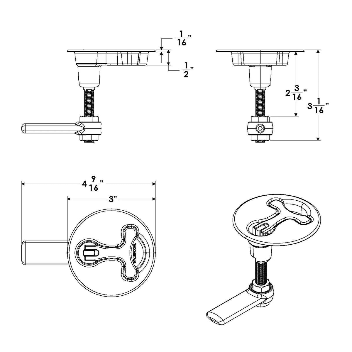TACO Marine Latch-tite Round Lifting Handle, Cast Type 316 SS, Polished Finish, Anti-Rattle