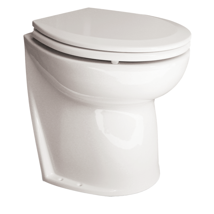Jabsco Deluxe Flush Raw Water Electric Marine Toilet, 17 in, Soft Close Lid, Remote Rinse Pump