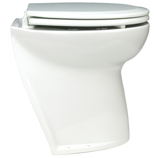 Jabsco Deluxe Flush Raw Water Electric Marine Toilet, 17 in, Soft Close Lid, Remote Rinse Pump