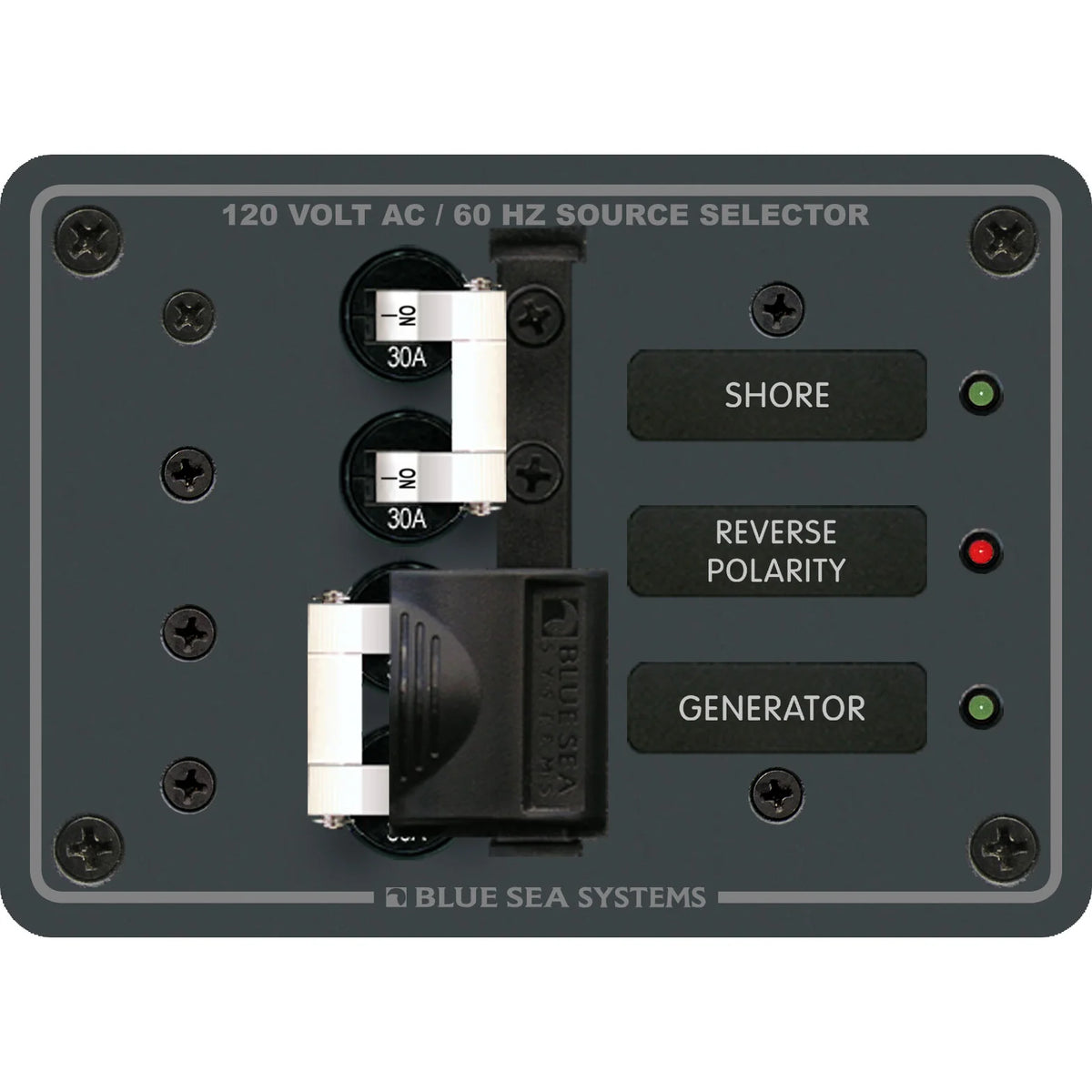 Blue Sea Systems AC Toggle Source Selector Panel, 2 Sources, 120V AC, Lockout Slide