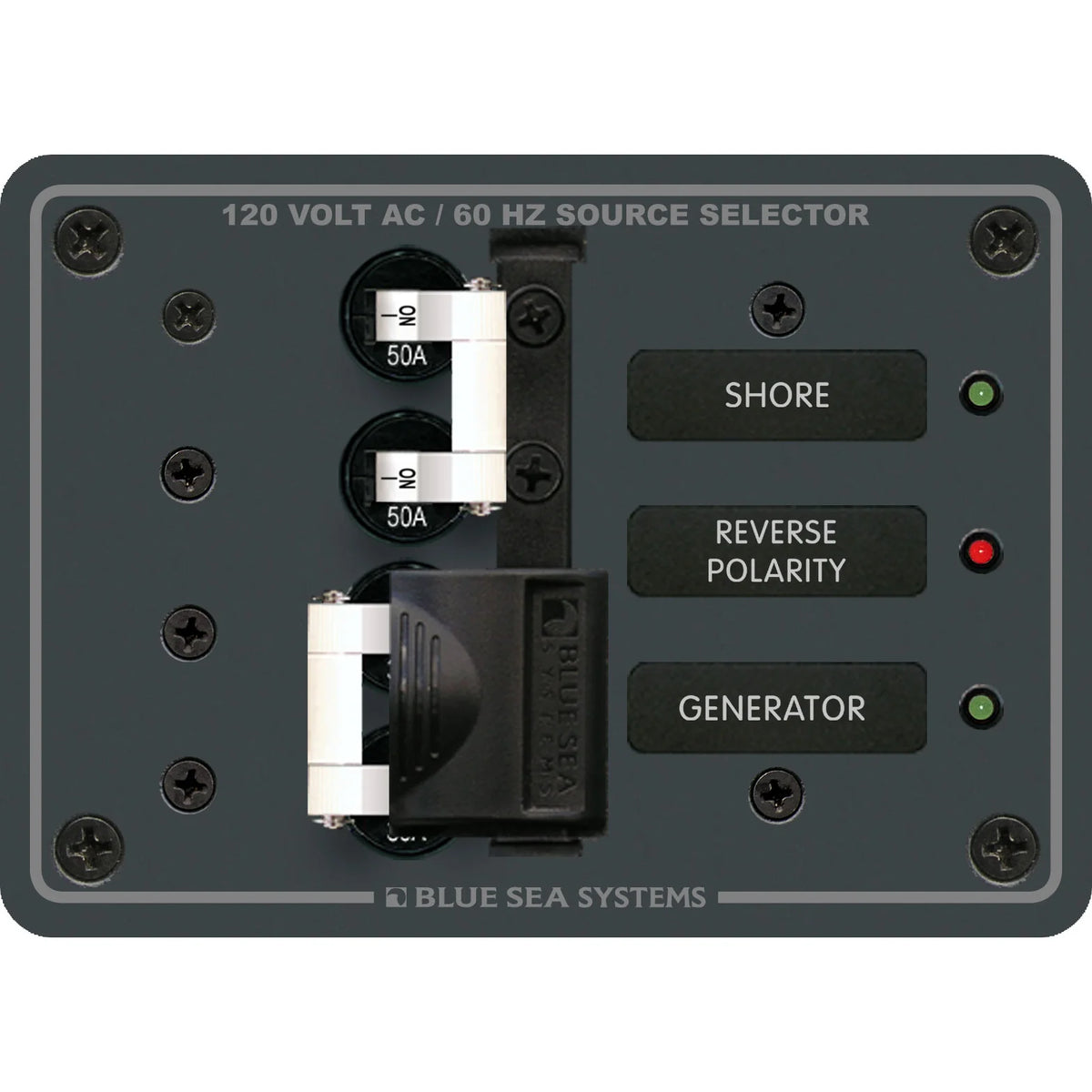 Blue Sea Systems AC Toggle Source Selector Panel, 2 Sources, 120V AC, Lockout Slide