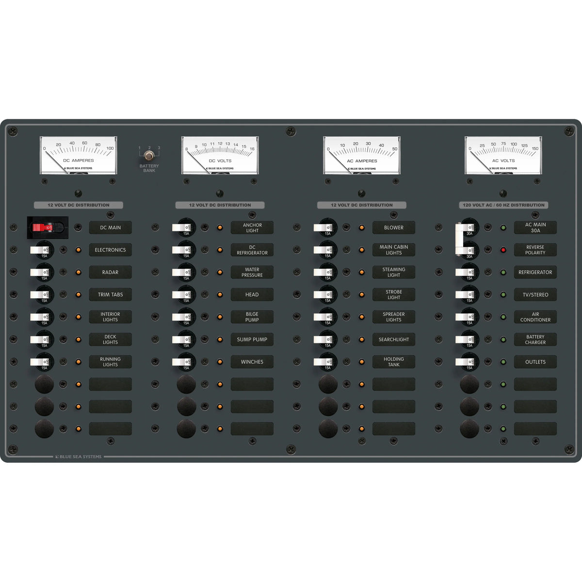 Blue Sea Systems Traditional Metal AC/DC Main Distribution Panel, 8 AC Positions, 29 DC Positions, 12V DC