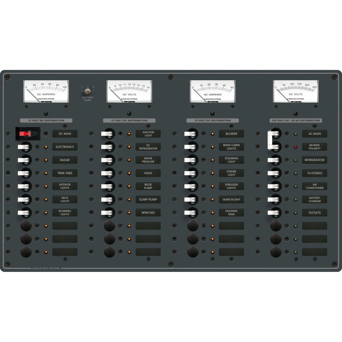 Blue Sea Systems Traditional Metal AC/DC Main Distribution Panel, 8 AC Positions, 29 DC Positions, 12V DC