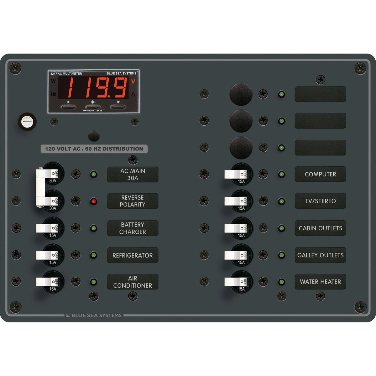 Blue Sea Systems Traditional Metal AC Main Circuit Breaker Panel, 120V AC, White Toggle, Metered