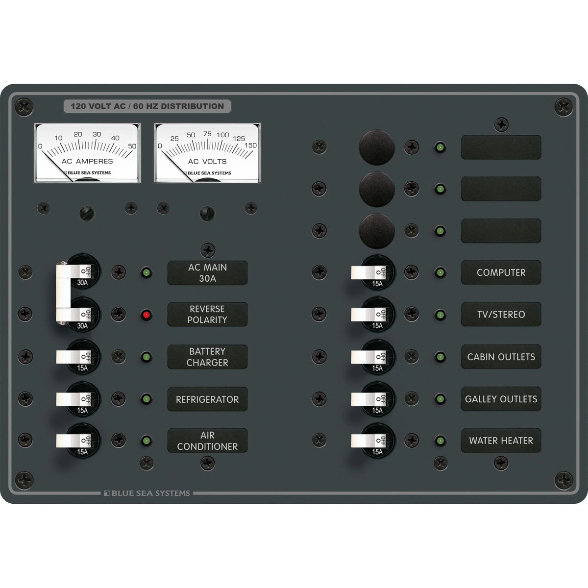 Blue Sea Systems Traditional Metal AC Main Circuit Breaker Panel, 120V AC, White Toggle, Metered