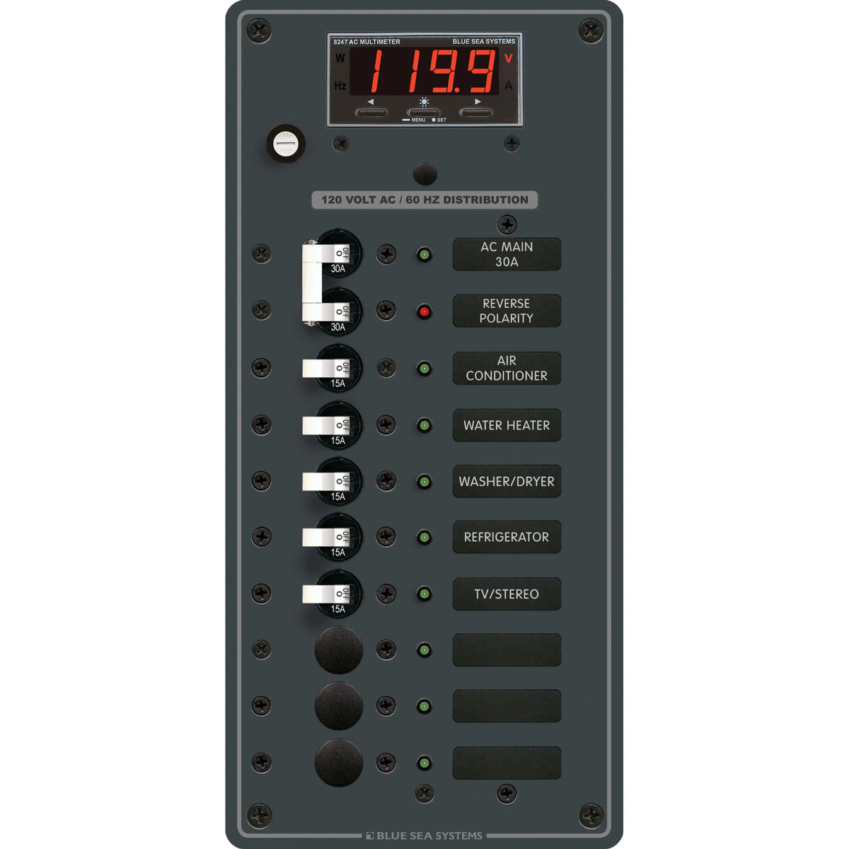 Blue Sea Systems Traditional Metal AC Main Circuit Breaker Panel, 120V AC, White Toggle, Metered