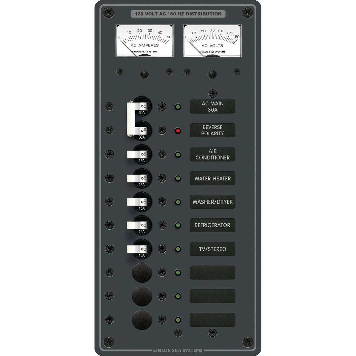 Blue Sea Systems Traditional Metal AC Main Circuit Breaker Panel, 120V AC, White Toggle, Metered