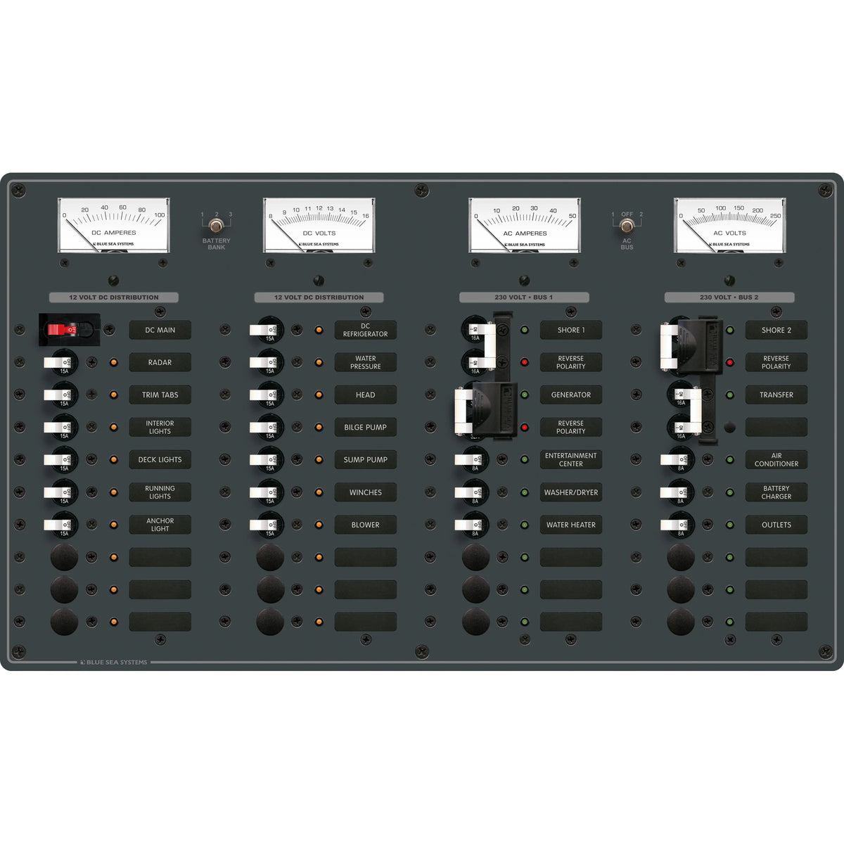Blue Sea Systems Traditional Metal AC/DC Combination Breaker Panel, 230V AC, 12V DC, European, Fully Pre-Wired, Backlit Labels