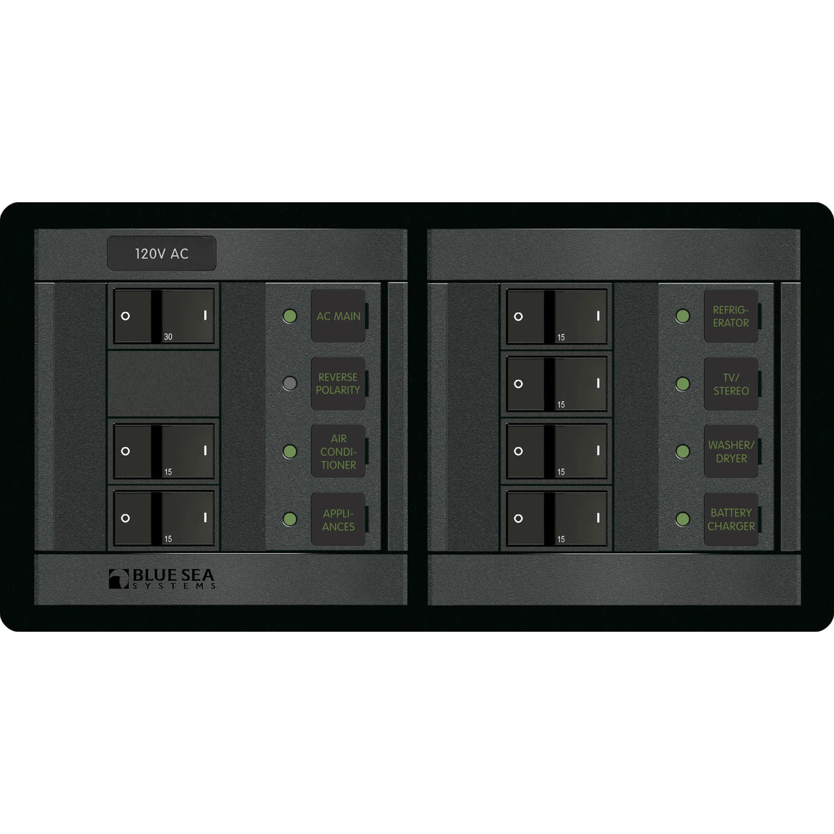 Blue Sea Systems 360 120V AC Main Panel, Flat Rocker Breakers