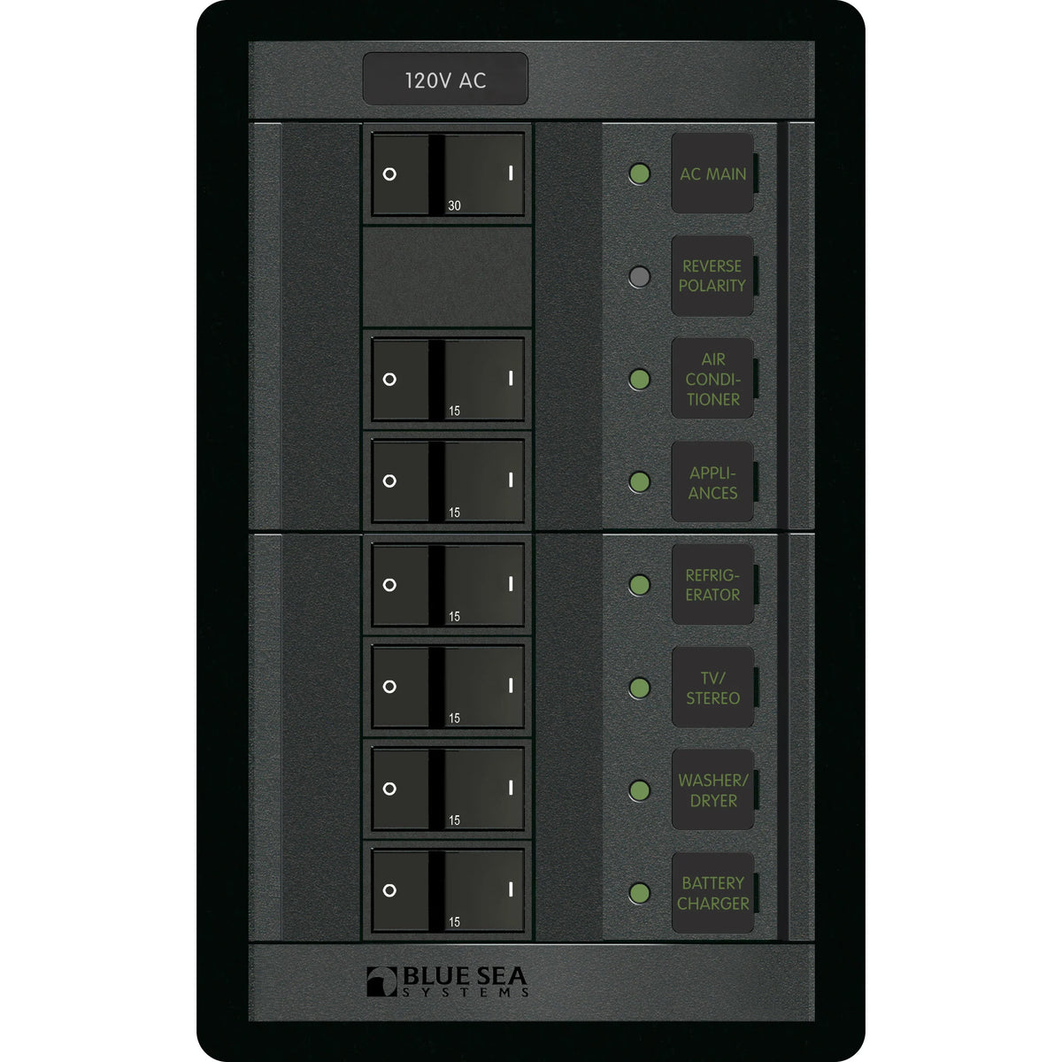Blue Sea Systems 360 120V AC Main Panel, Flat Rocker Breakers