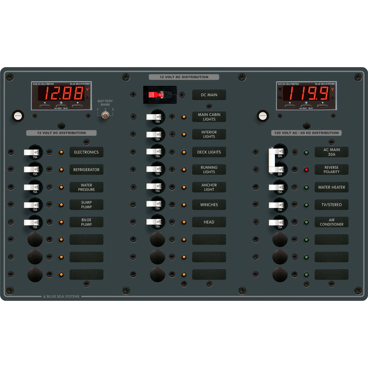 Blue Sea Systems Traditional Metal AC/DC Circuit Breaker Panel, AC Main + 6 Positions, DC Main + 18 Positions, Digital Multi-Function Meters