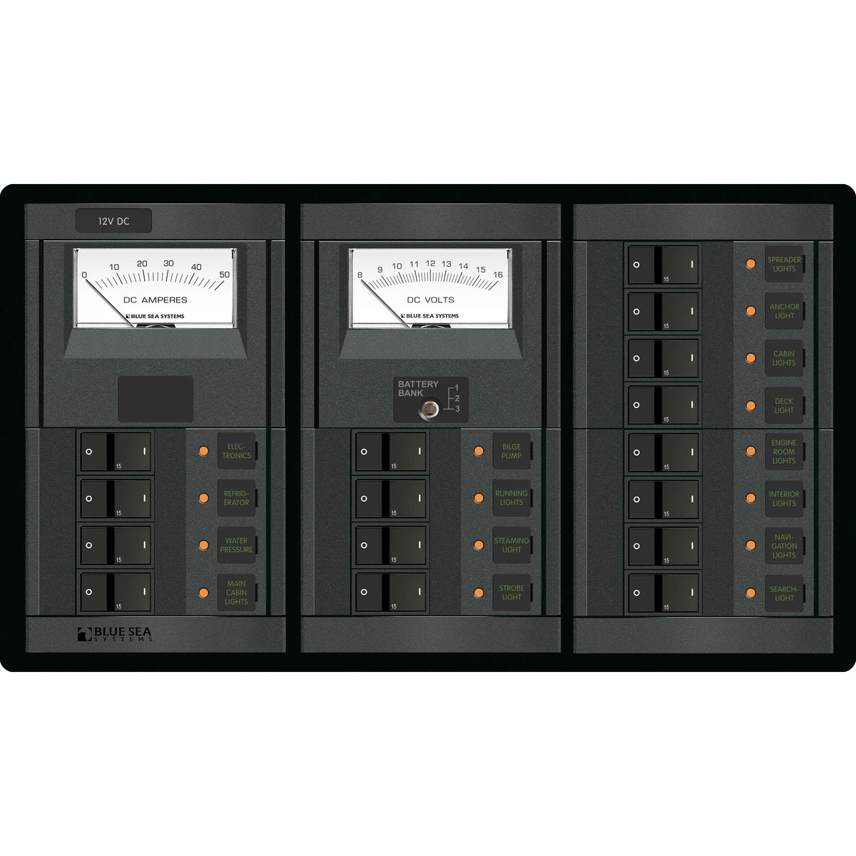 Blue Sea Systems 360 Panel System Branch Circuit Breaker Panel, 12V DC, 15A Flat Rocker Breakers