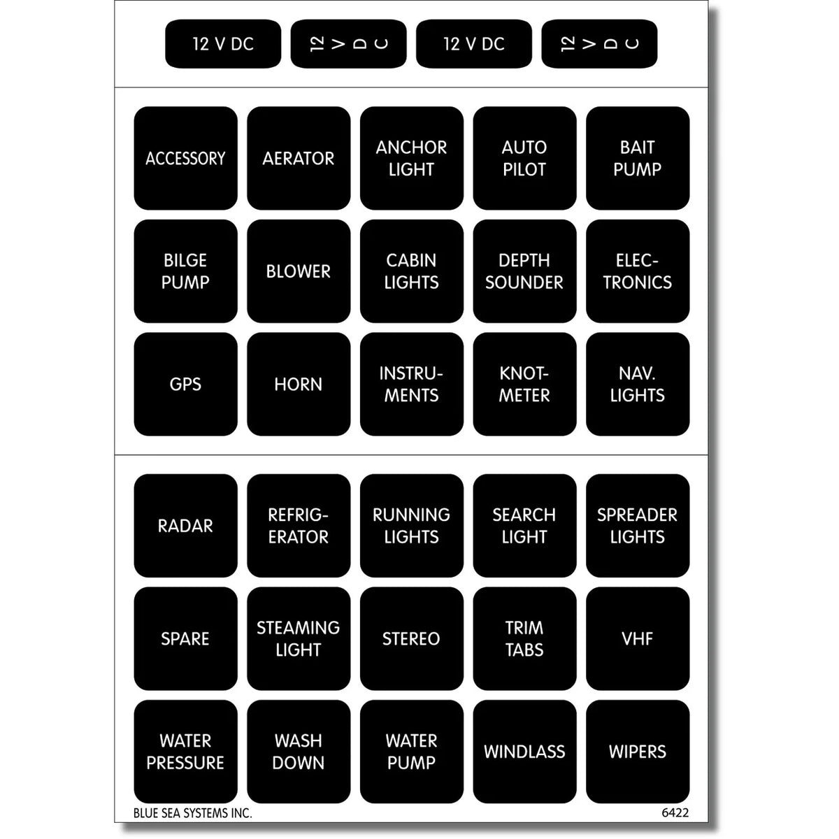 Blue Sea Systems Waterproof DC Label Kit, For WeatherDeck Waterproof Panels, Black Square Labels