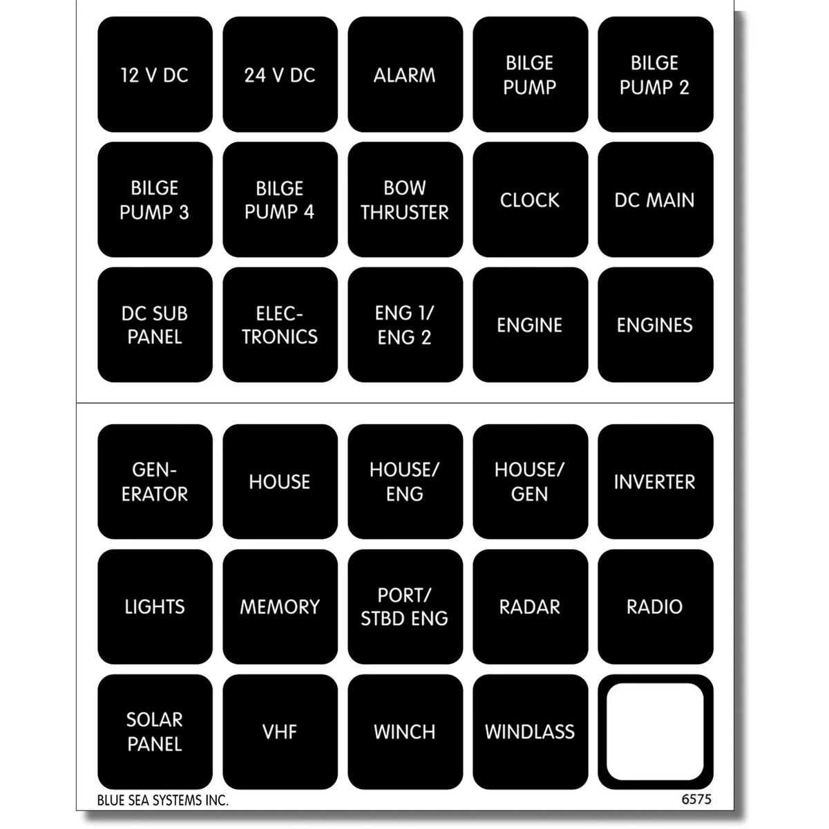 Blue Sea Systems Waterproof DC Label Kit, For WeatherDeck Waterproof Panels, Black Square Labels