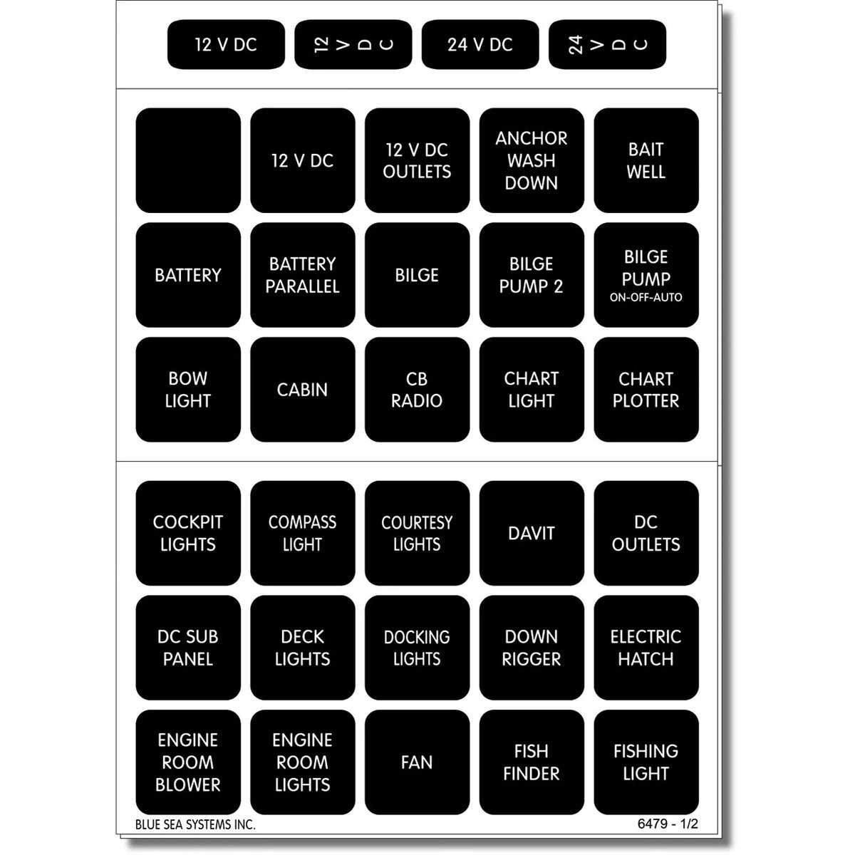 Blue Sea Systems Waterproof DC Label Kit, For WeatherDeck Waterproof Panels, Black Square Labels