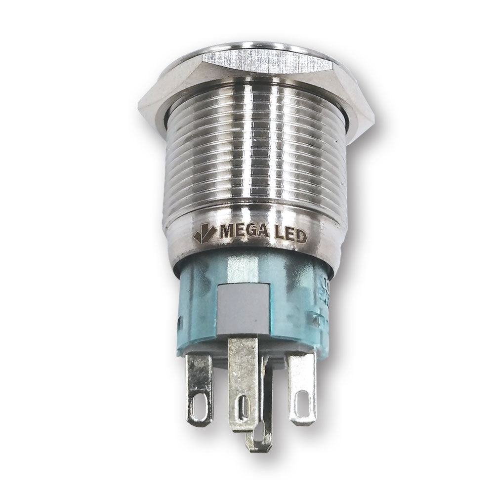 Mega LED - 19mm Green Push Button - IP67, Stainless Steel, 5Amp, 24V