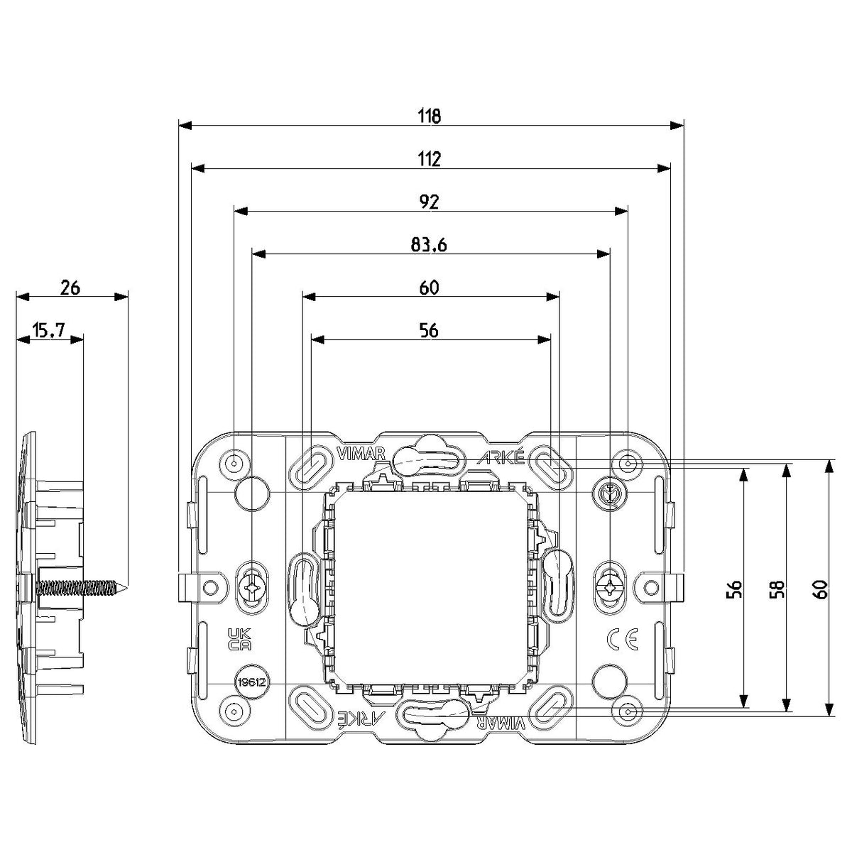 Vimar Arké 2-Central-Module Mounting Frame With Screws, For 60 mm or 56x56 mm Mounting Boxes