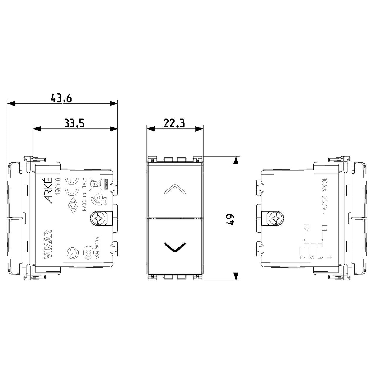 Vimar Arké Two-Button 2-Way Switch, 2P, 10AX 250V, 6 Terminals, Directional Arrows, Central OFF Position