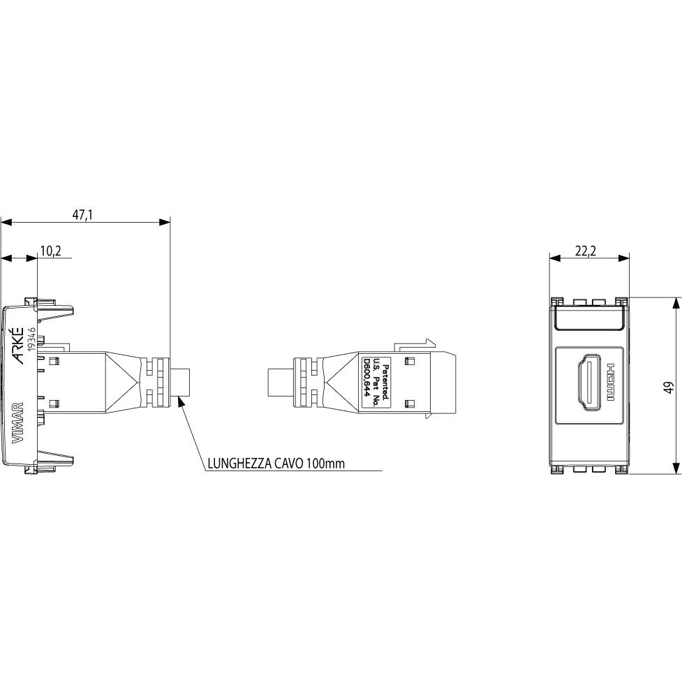 Vimar Arké HDMI 2.1b Outlet, IP20, Keystone Fixing, Flush Mount