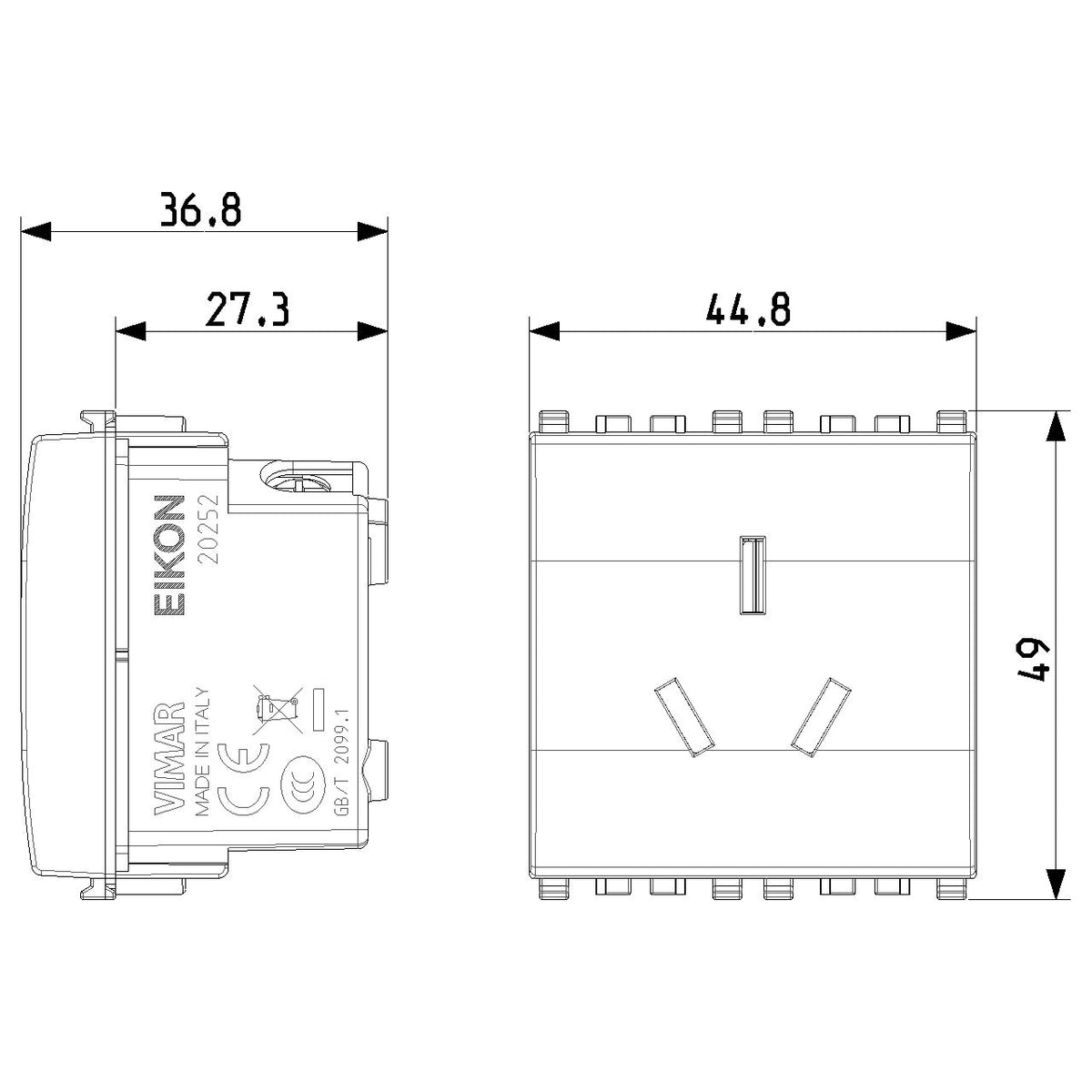 Vimar Eikon Chinese SICURY Socket Outlet, 2P+E 10A 250V, 2-Module