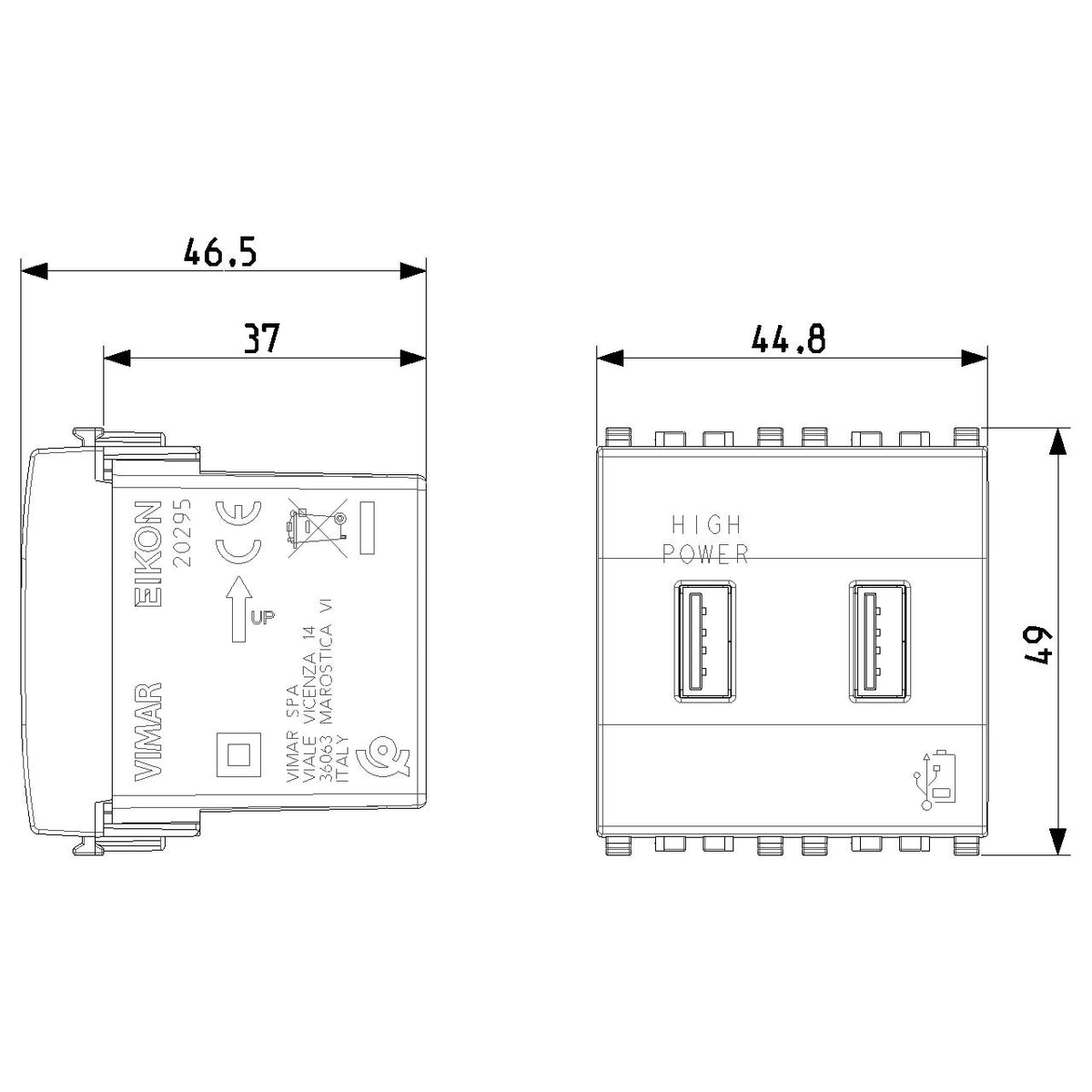 Vimar Eikon 2-Port USB Supply Unit, 5V, 2 Modules, Flush-Mounted