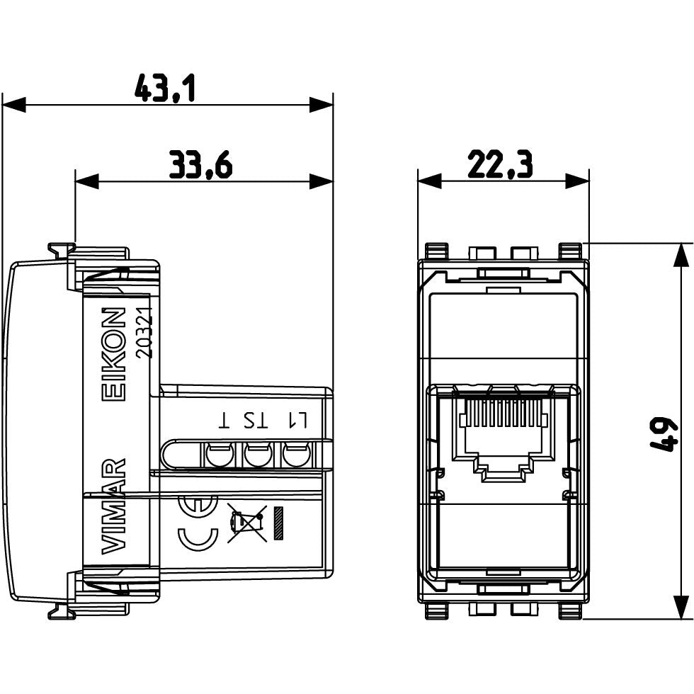 Vimar Eikon RJ12 Phone Jack, 6-Position 6-Conductor, Screw Terminals