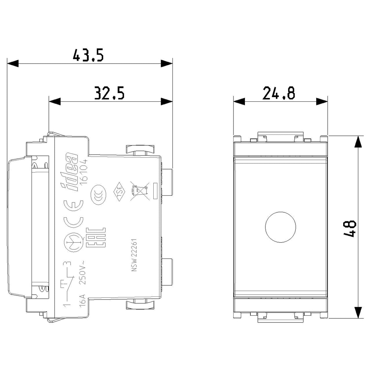 Vimar Idea Single Push Button, 1P NC, 16A, 250V, IP40
