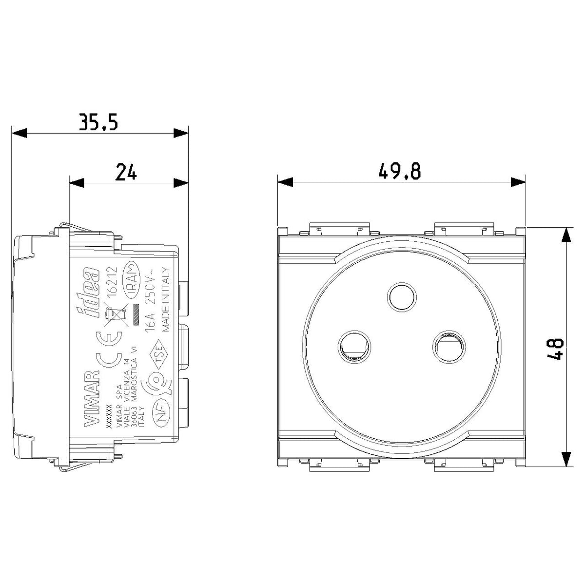 Vimar Idea SICURY French Standard Socket Outlet, 2P+E, 16A, 250V, 2 Modules, IP20