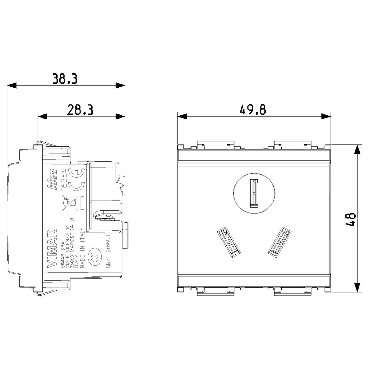 Vimar Idea SICURY Chinese Standard Socket Outlet, 2P+E, 16A 250V, 2 Modules, IP20