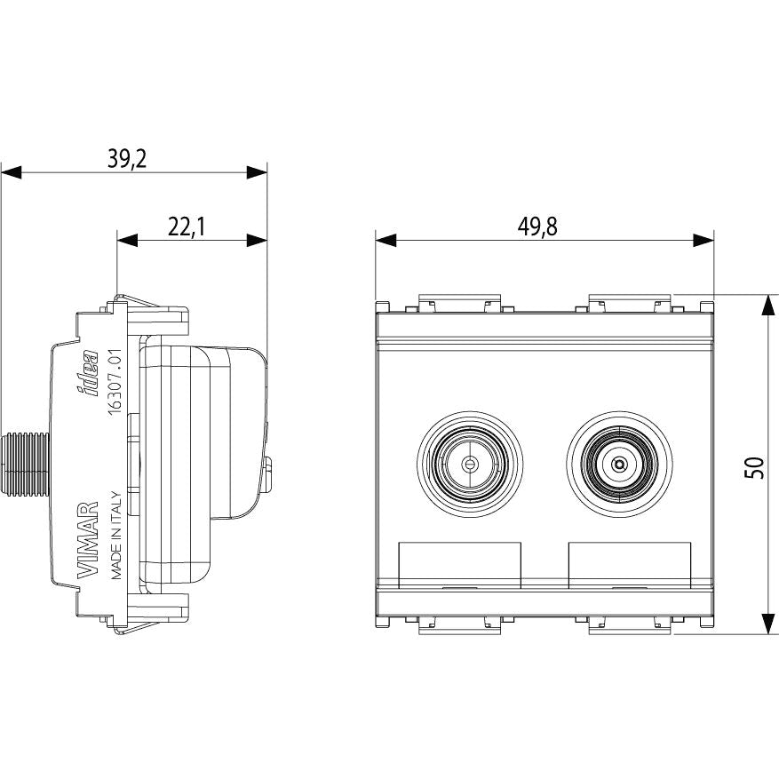 Vimar Idea Coaxial TV-RD-SAT Socket Outlet, 5-2400 MHz, 2 Outputs, 24V 500 mA DC Pass, 2 Modules