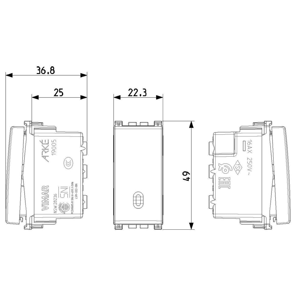 Vimar Arké 2-Way Rocker Switch, 1P, 16AX, 250V, IP40, Lightable, Replaceable Button