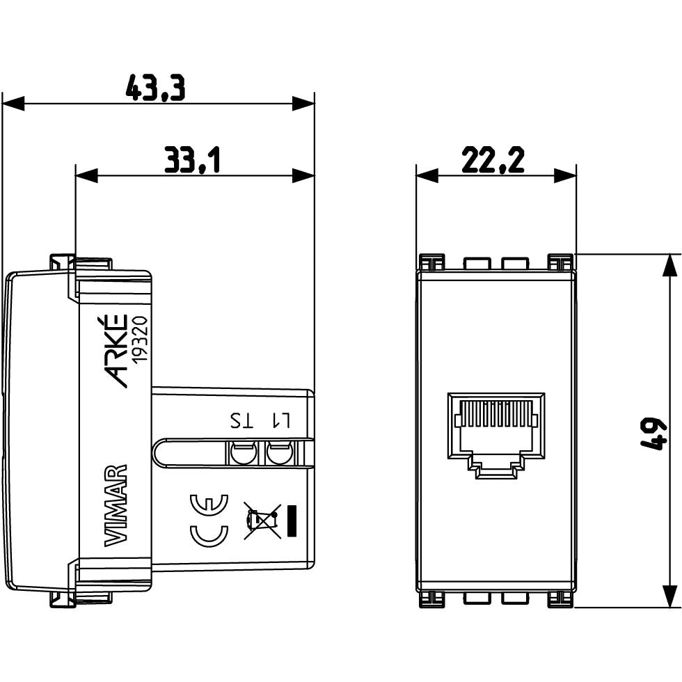 Vimar Arké RJ11 Phone Jack, 6-Position 4-Conductor, Screw Terminals, IP20