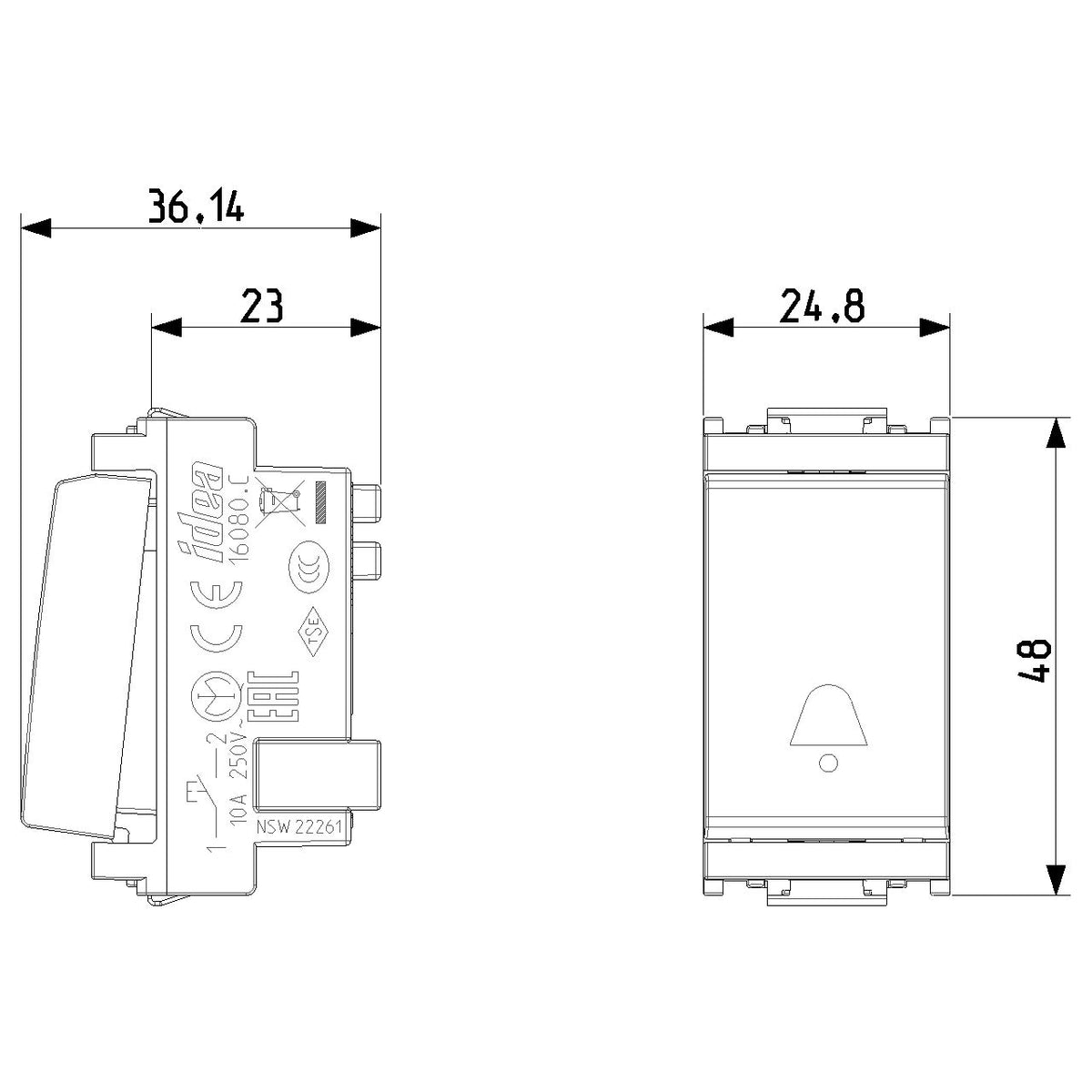 Vimar Idea Push Button Switch, 1P NO, 10A 250V, IP40, Flush Mount