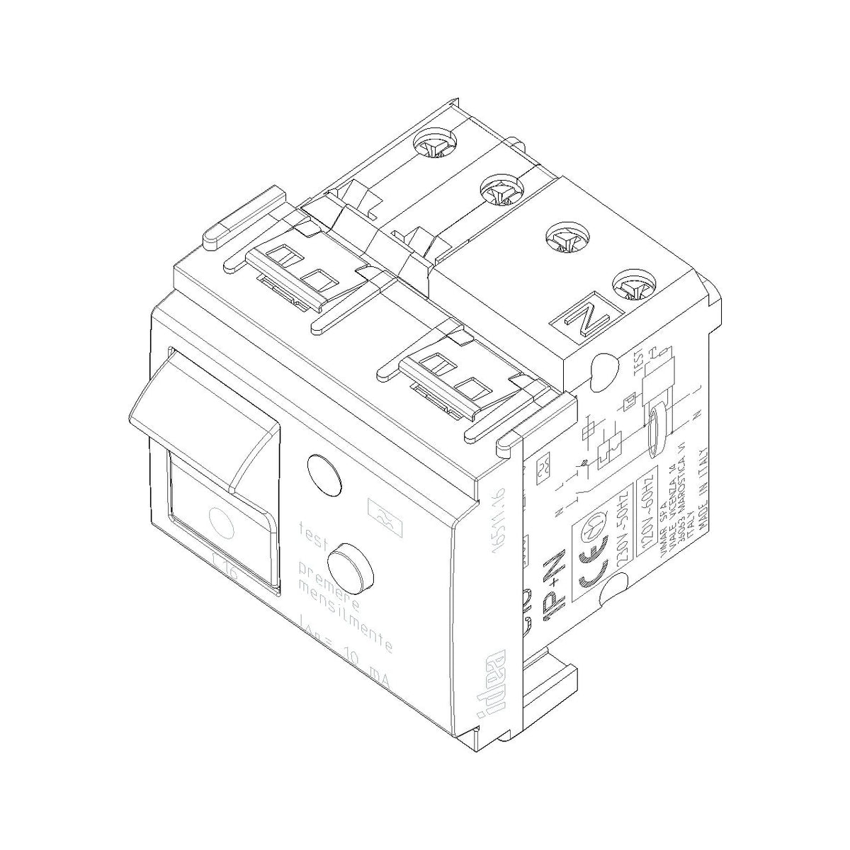 Vimar Idea RCBO Circuit Breaker, 1P+N, 120-230V, 50-60Hz, IP40, 2 Modules