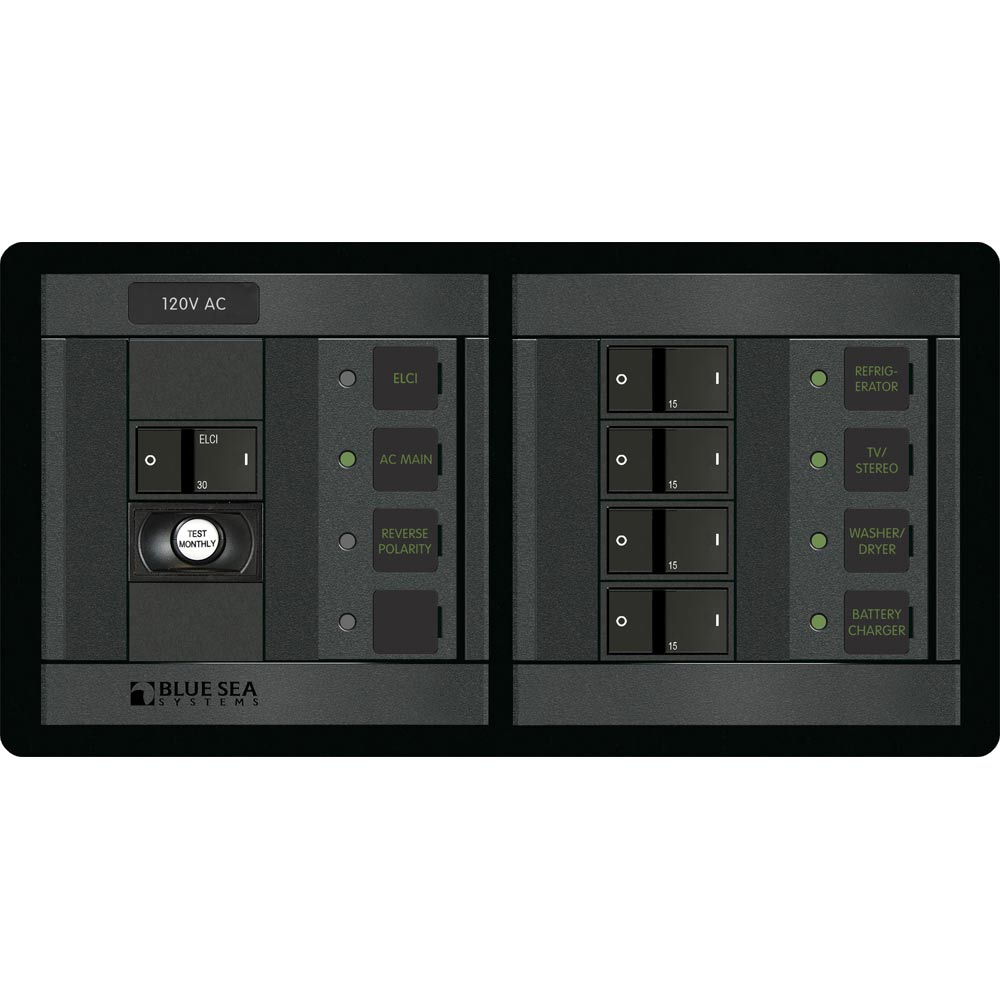 Blue Sea Systems 360 Panel ELCI Main Circuit Breaker Panel, 120V AC, 30A, Double Pole, 4 Branch Positions, Horizontal