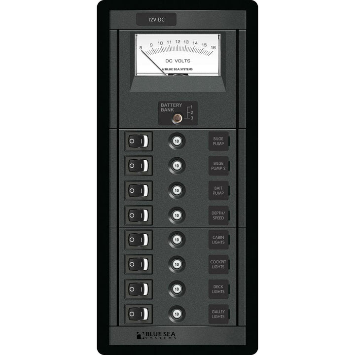 Blue Sea Systems 8 Position Switch CLB + Meter Vertical, 12V DC, 80A per Bus