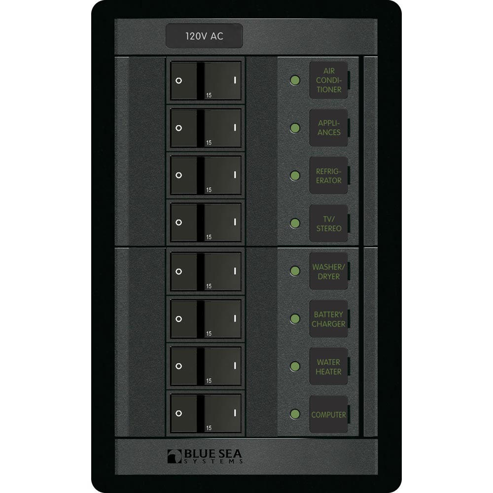 Blue Sea Systems 360 AC Branch Circuit Breaker Panel, 120V AC, 8 Positions, 100A, Flat Rocker