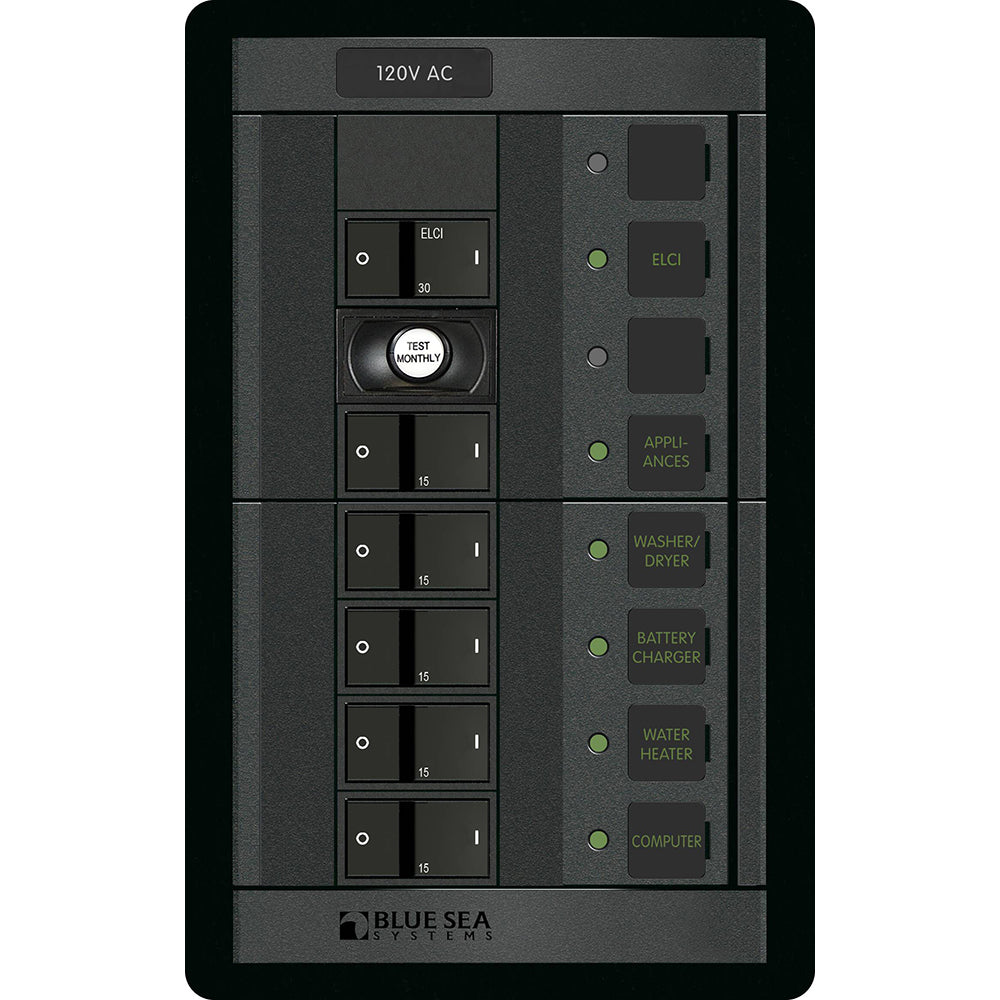 Blue Sea Systems 360 AC Circuit Breaker Panel, 30A ELCI, 5 Position, 120V AC, Flat Rocker