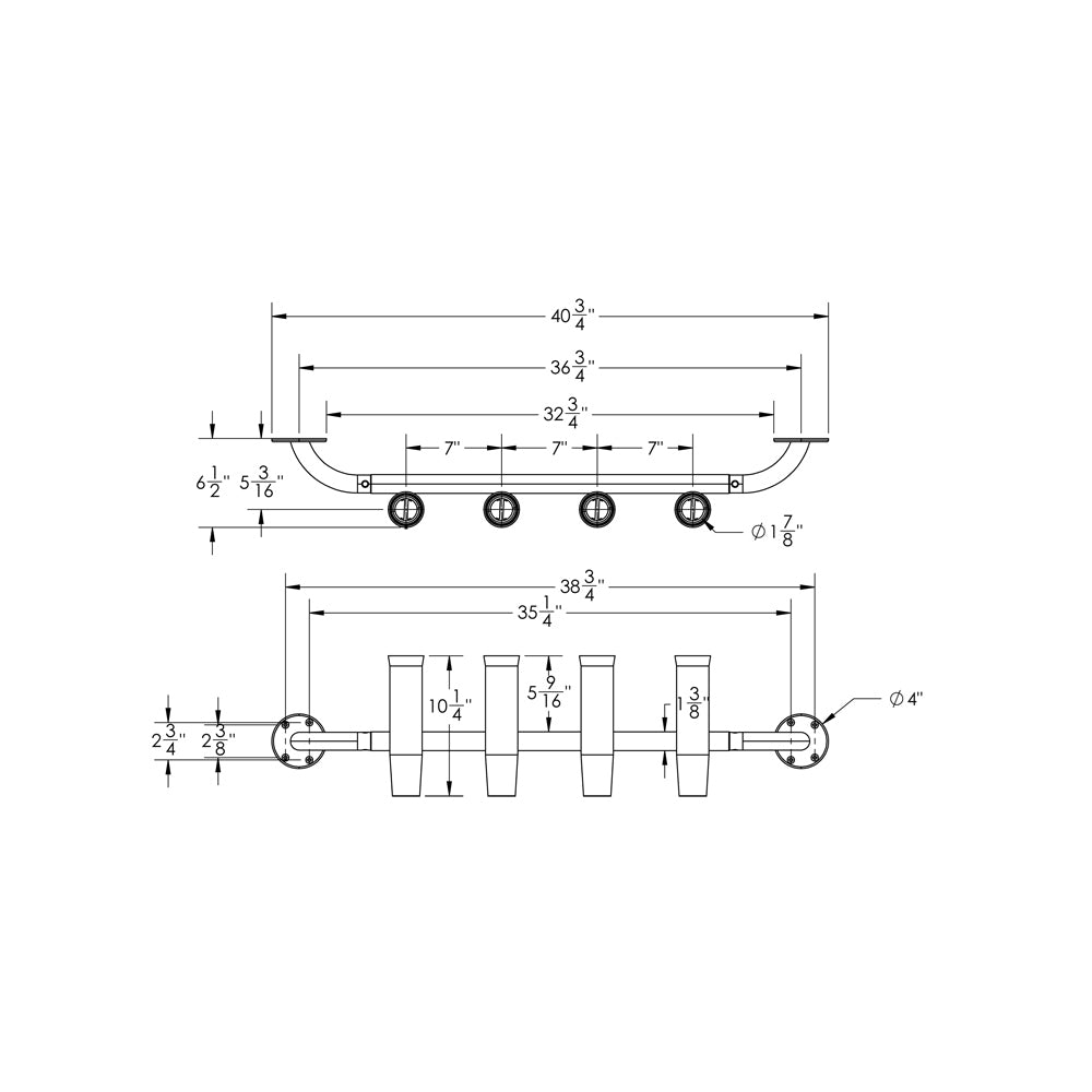 TACO Marine 4-Rod Transom Mount Rod Rack, 40-1/2 in Length, 1-7/8 in ID, Brushed Anodized Aluminum