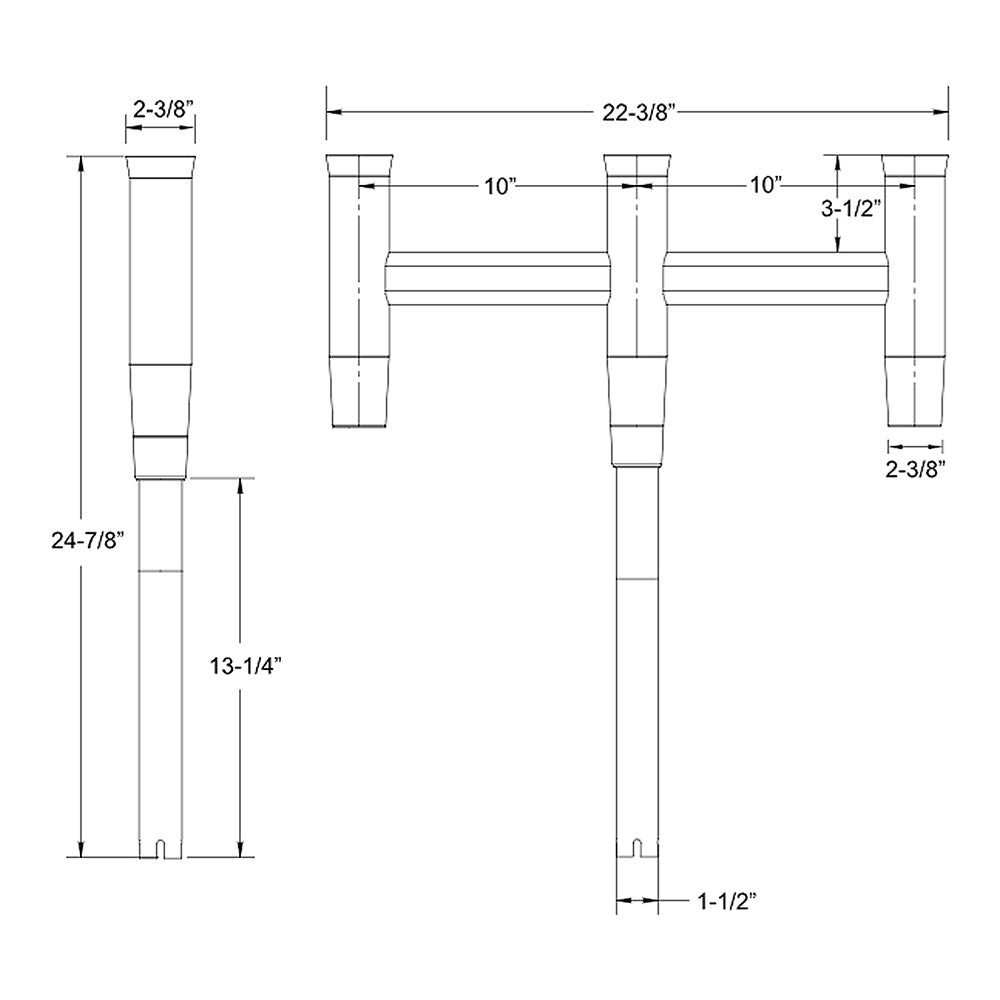 TACO Marine Deluxe Trident Rod Holder Cluster Straight, 3-Rod, High-Polished Aluminum, 9-3/4 in Holders, 1-1/2 in Shaft