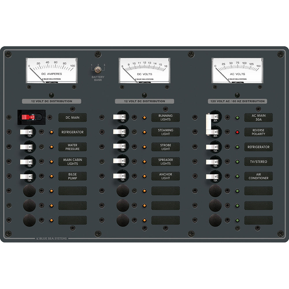 Blue Sea Systems AC/DC Main Circuit Breaker Panel, 6 AC/15 DC Positions, 120V AC/12V DC, 50A AC/100A DC, White Toggles