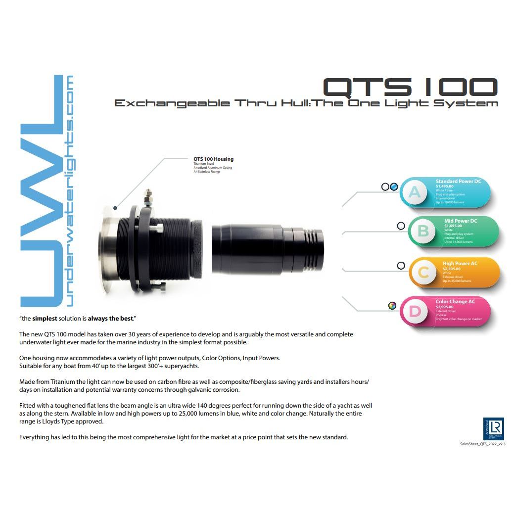 UWL - QTS 100 High Voltage Underwater Light - GRP, Titanium, Flush Mount, 20000Lm
