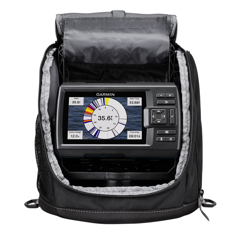 Garmin STRIKER Vivid 5cv Ice Fishing Fishfinder Bundle, 5 in Display, GT8HW-IF CHIRP Traditional Sonar Transducer, Built-In Flasher, GPS, Quickdraw Contours, Lead Acid Battery, Carrying Case