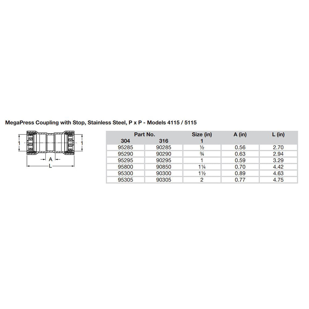 Viega - MegaPress 304 Coupling - With Stop