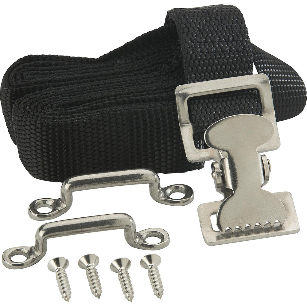 Attwood Marine Fuel Tank Strap Set, 1 in White Nylon Strap, Quick-Release Buckle, Footman Loops